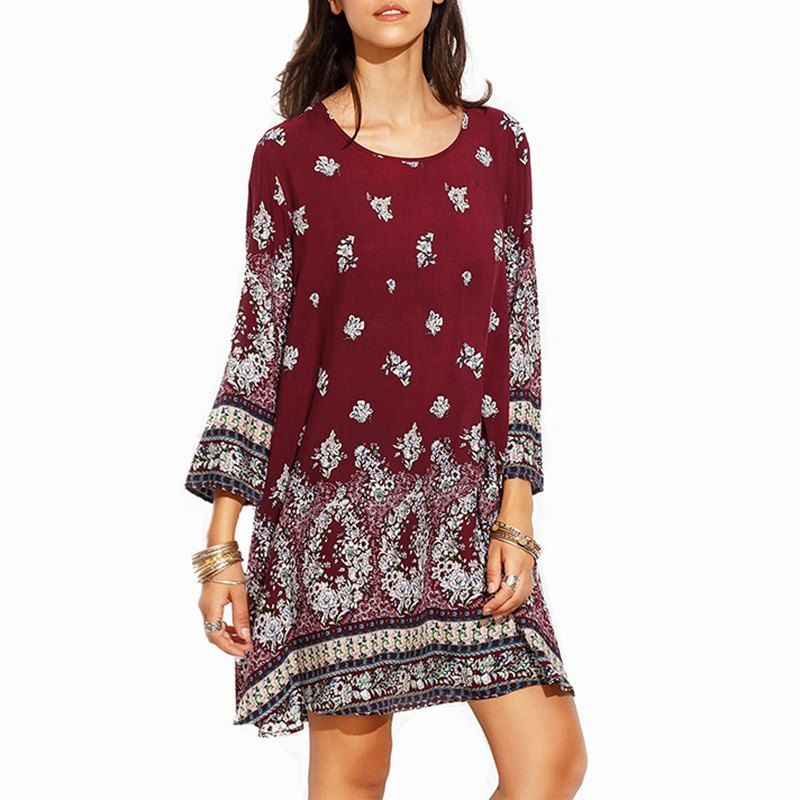 

Restore Ancient Ways Round Collar Printed Long-Sleeved Dress, Wine red