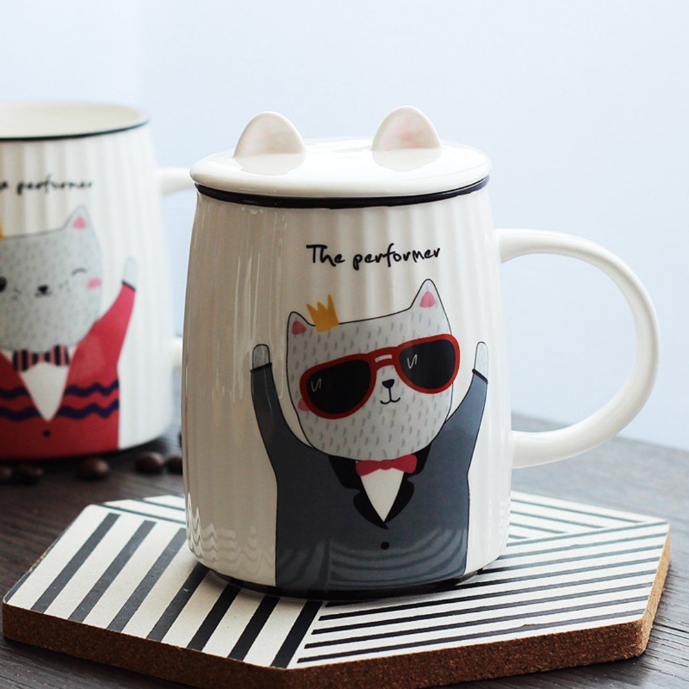 

500ML Cartoon Cat Striped Ceramic Cup, Gray;blue;gray;purple;red