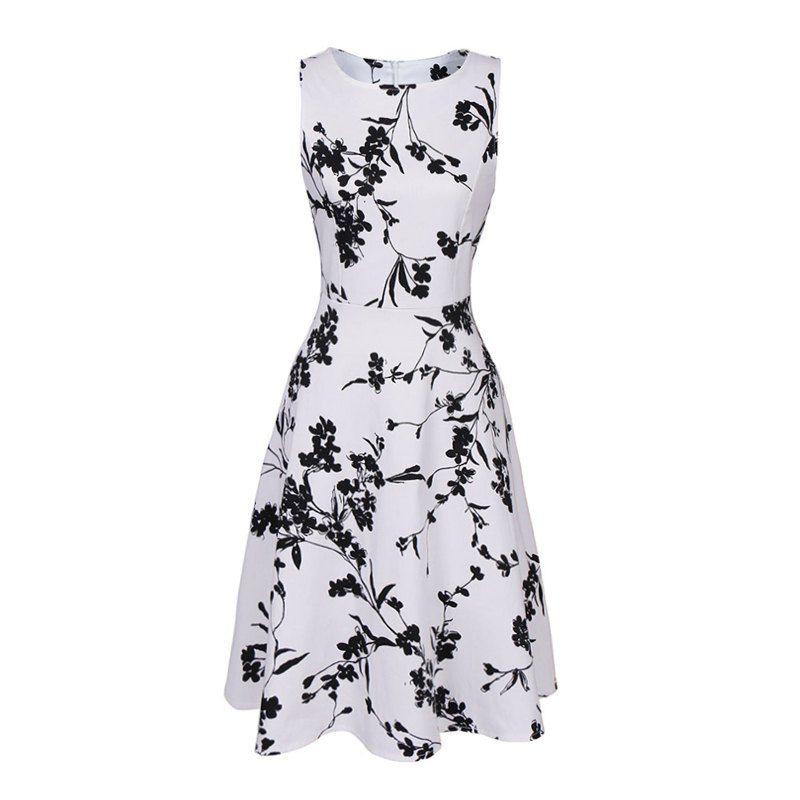 

Women Sexy Vintage Summer Robe Retro Swing Casual 50s Floral Printed Courtly Crew Neck Empire A Line Dress, White