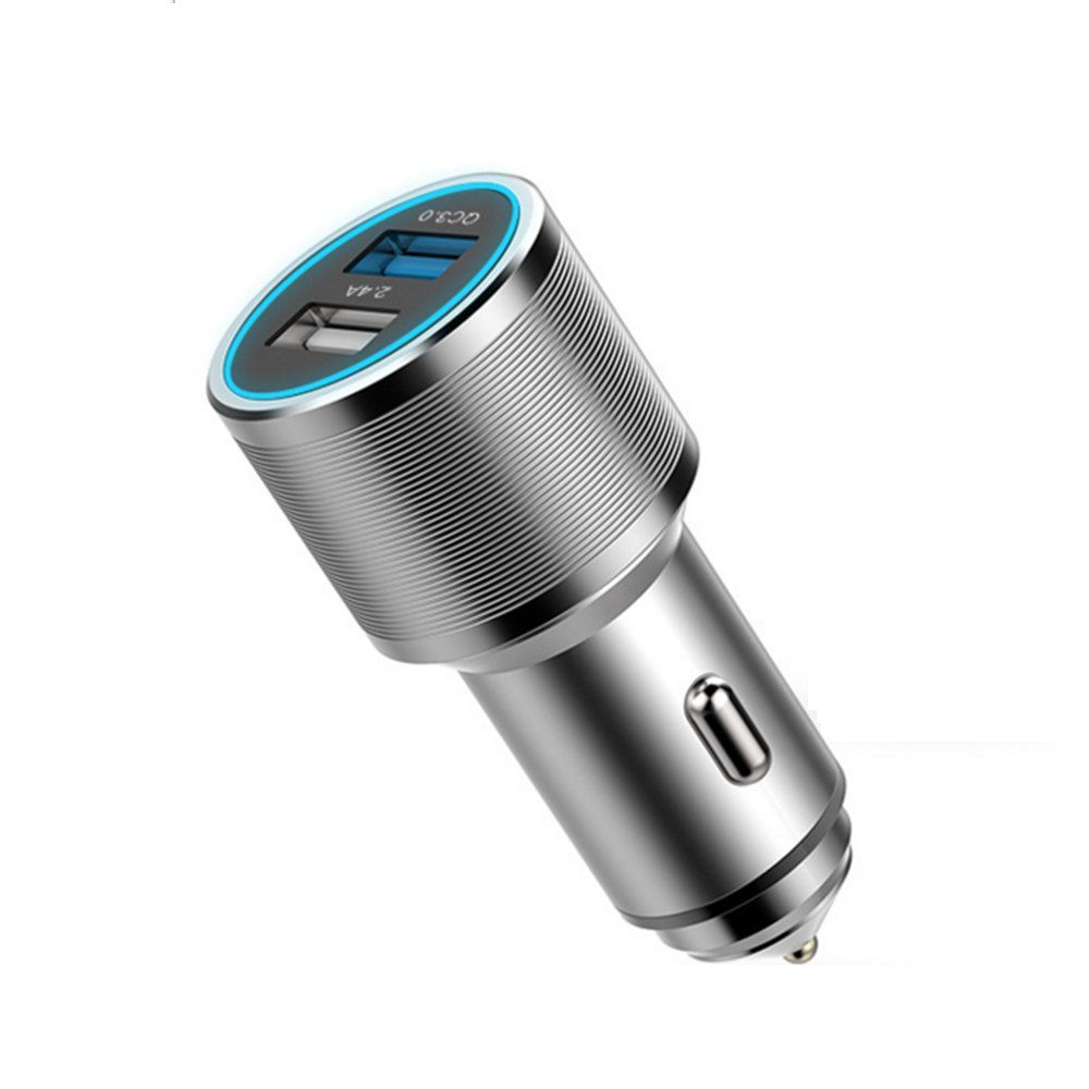 

QC3.0 Aluminum Alloy Fast Car Charger Dual USB Phone Charging Adapter with Blue Light, Silver
