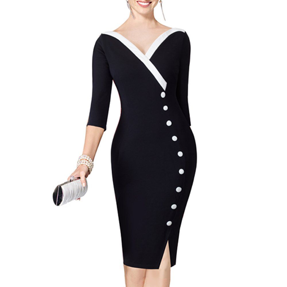 

V-neck Stylish Button Office Bodycon Female Sheath Pencil Work Dress, Black