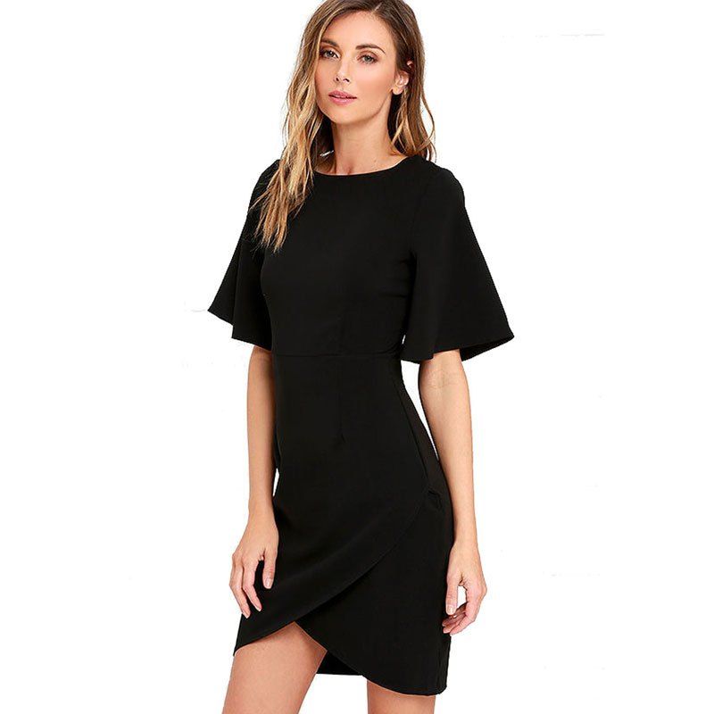 

Women's Flared Sleeve Asymmetric Hem Solid Sexy Midi Dress, Black