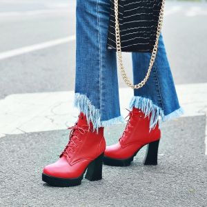 Red 38 Women's Shoes Platform Combat Boots Chunky Heel Round Toe Mid ...