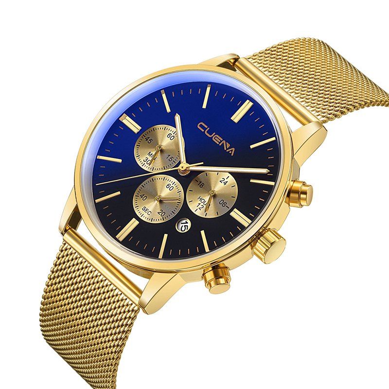 

CUENA 6813G Men Multifunctional Alloy Case Quartz Watch with Stainless Steel Band, Gold black