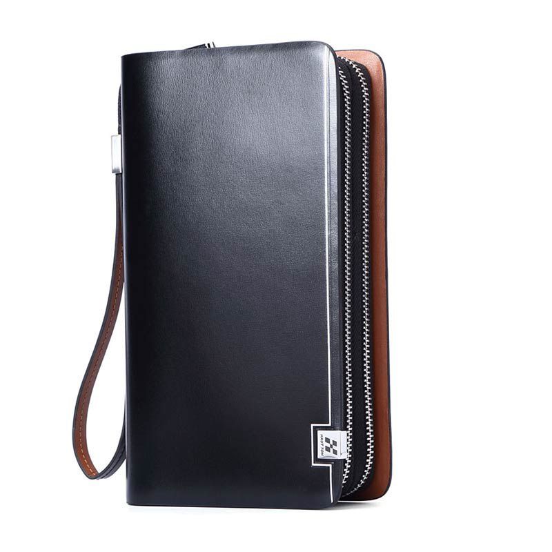 

HAUT TON Men Genuine Leather Double Zipper Clutch Bag Handbag Organizer Checkbook Wallet, Black