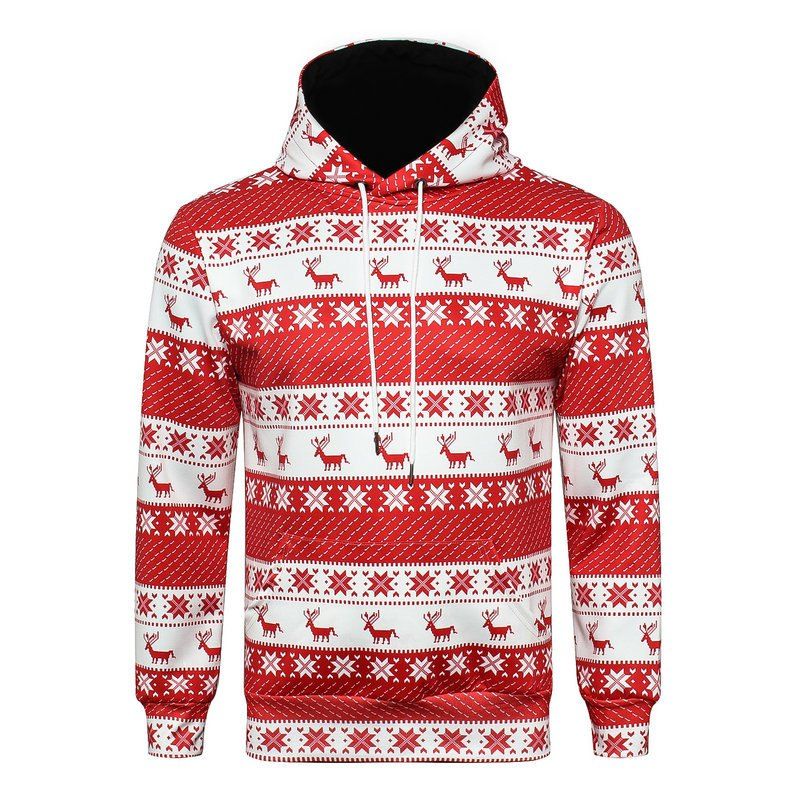 

Christmas Digital Print Long Sleeves Loose Hoodie, Red