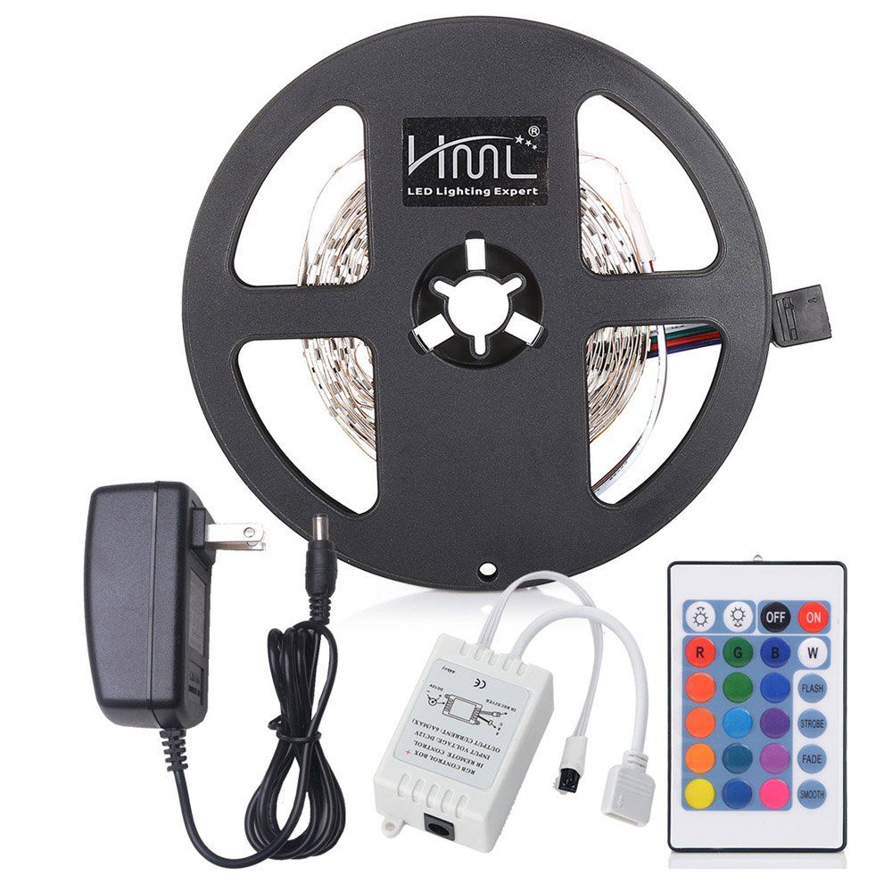 

HML LED Strip Light 5M 24W RGB SMD2835 300 LEDs with IR 24 Keys Remote Control DC Adapter, Rgb color