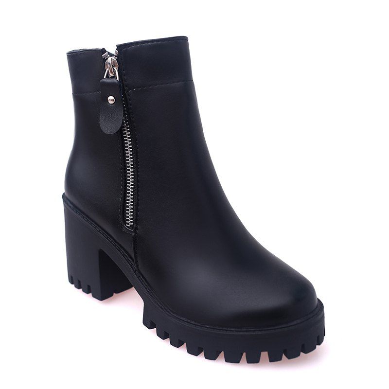 

YYO14 Women Fashion Ankle PU Martin Boots Waterproof Block Thick High Heel with Zipper Shoes, Black