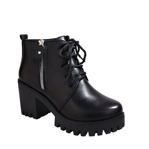 New YYO15 Women Fashion Ankle PU Martin Boots Waterproof Block Thick High Heel with Zipper Shoes  