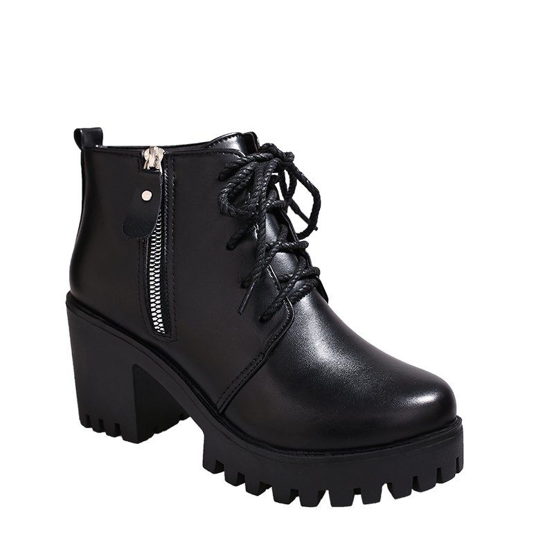 

YYO15 Women Fashion Ankle PU Martin Boots Waterproof Block Thick High Heel with Zipper Shoes, Black