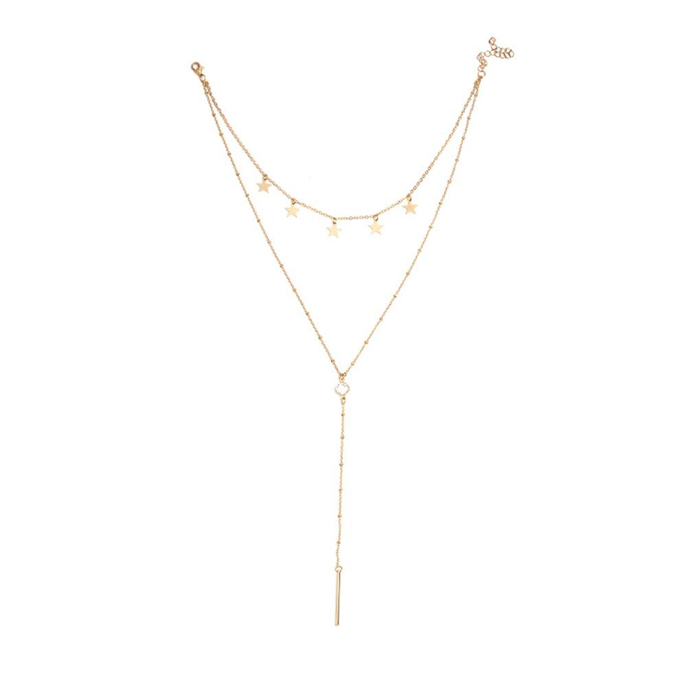 

Rhinestone Multi-layer Star Bead Metal Necklace Chainbone Chain, Golden
