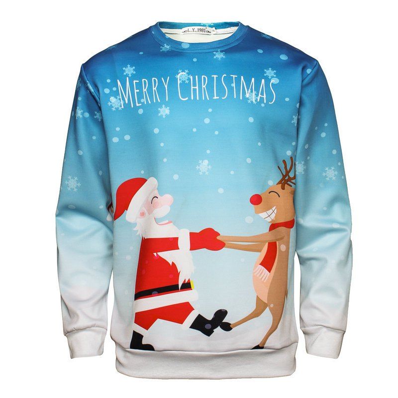 

Christmas Santa Clause and Elk Printed Sweatshirt, Blue