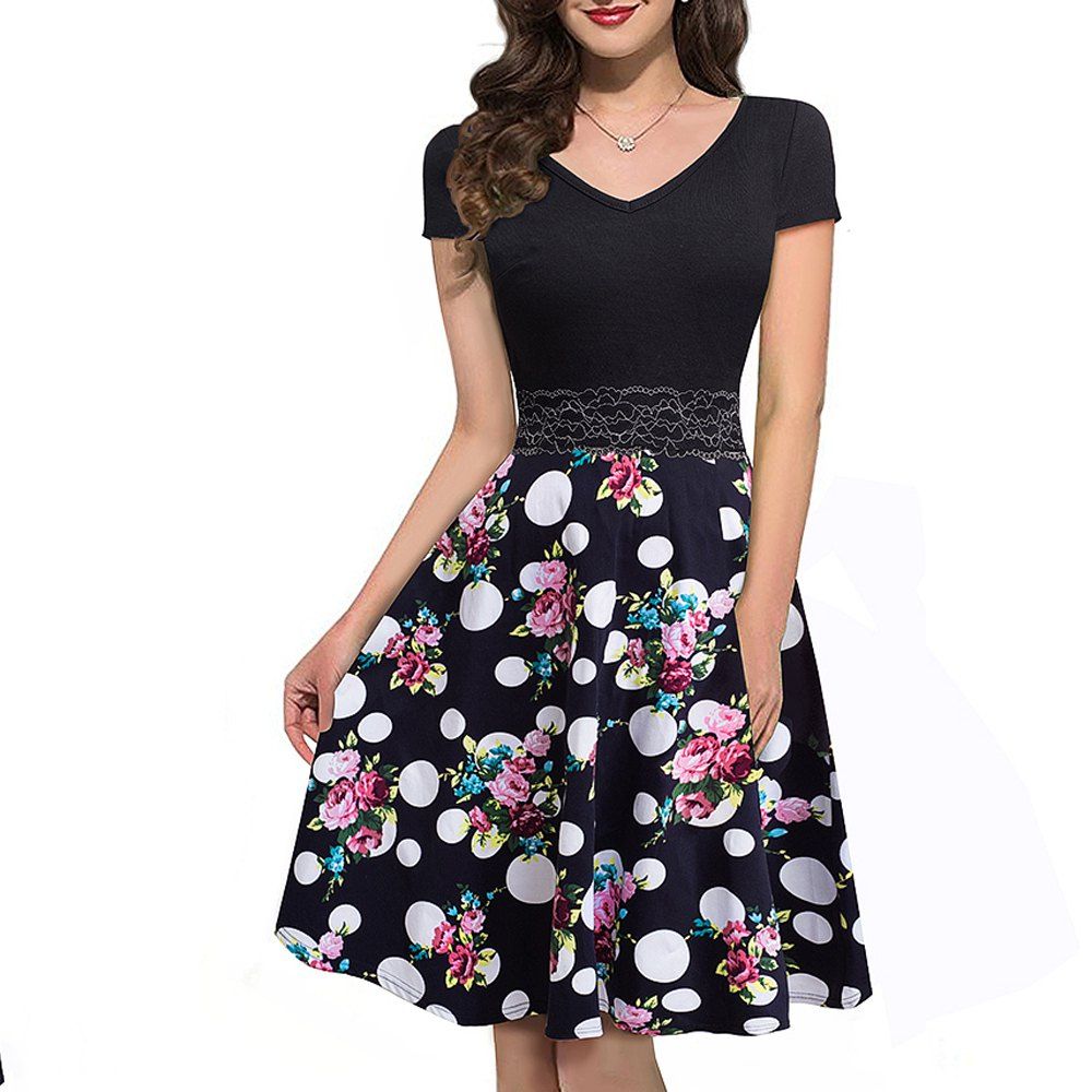 

Vintage Colorblock Flower Lace Zipper Work Vestidos Cap Sleeve A-Line Pinup Flare Women Dress, Dot pattern