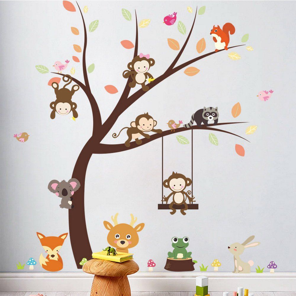 

Forest Animal Cartoon Monkey Wall Sticker For Kids Room Decoration 2PCS, Colormix