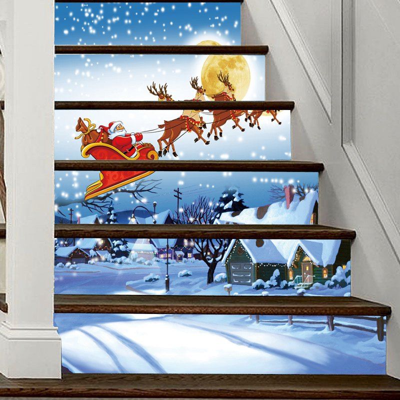 

Christmas Snowy Night Santa Pattern Decorative Stair Decal 6PCS, Colormix