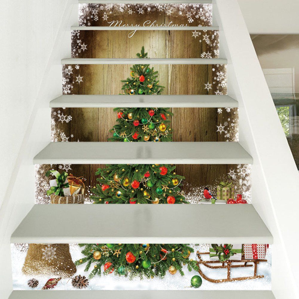 

Christmas Tree Woodgrain Pattern Decorative Stair Decals 6PCS, Colormix
