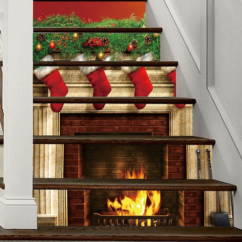 

Christmas Fireplace Stockings Pattern Decorative Stair Decal 6PCS, Colormix