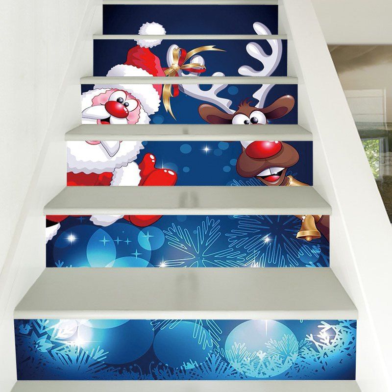 

Christmas Santa Deer Pattern Decorative Stair Decals 6PCS, Colormix