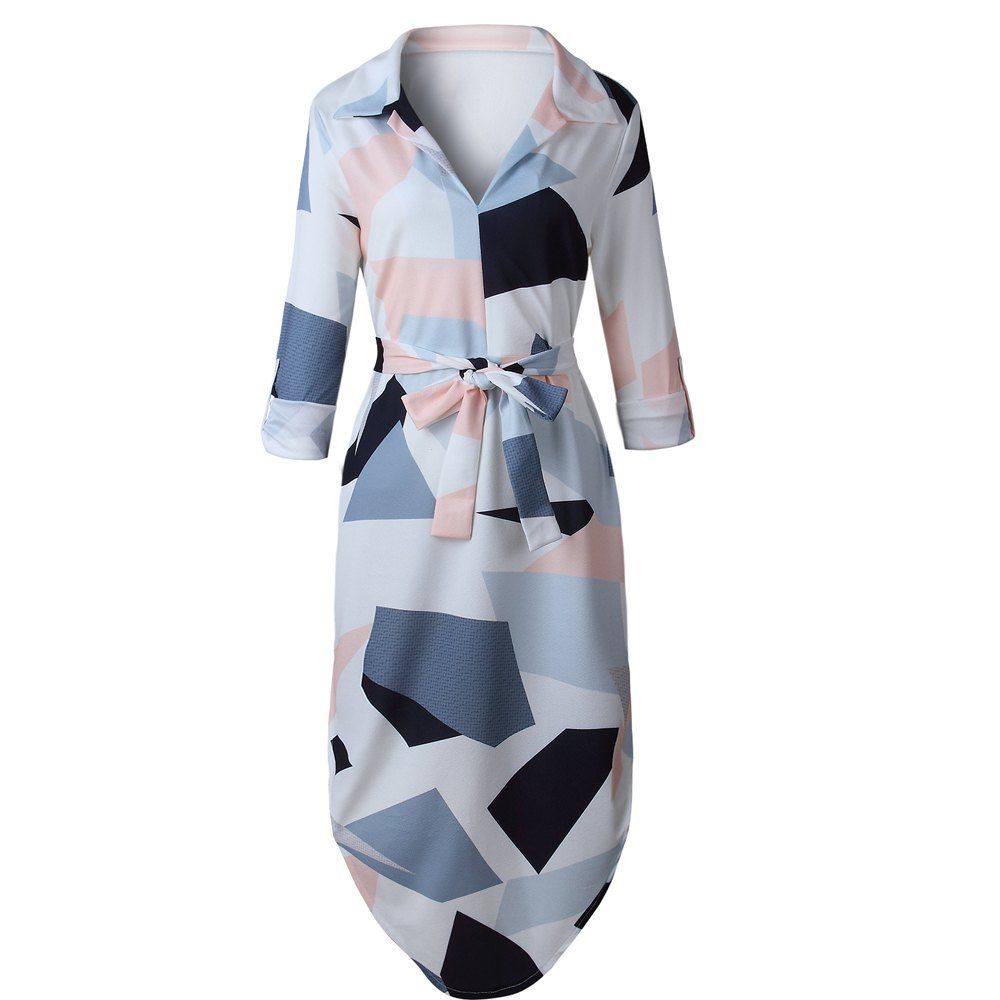 

2017 New long Sleeve Sexy Irregular Geometric Square Print Dress, Pink
