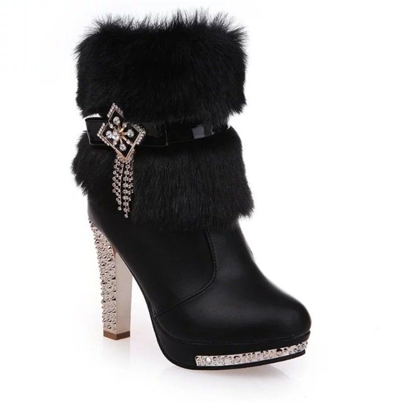 

OMQ-828-1 Plus Short Tube Metal Decorative Fashion Cashmere Female Plush Diamond Thick Heeled Martin Boots, Black