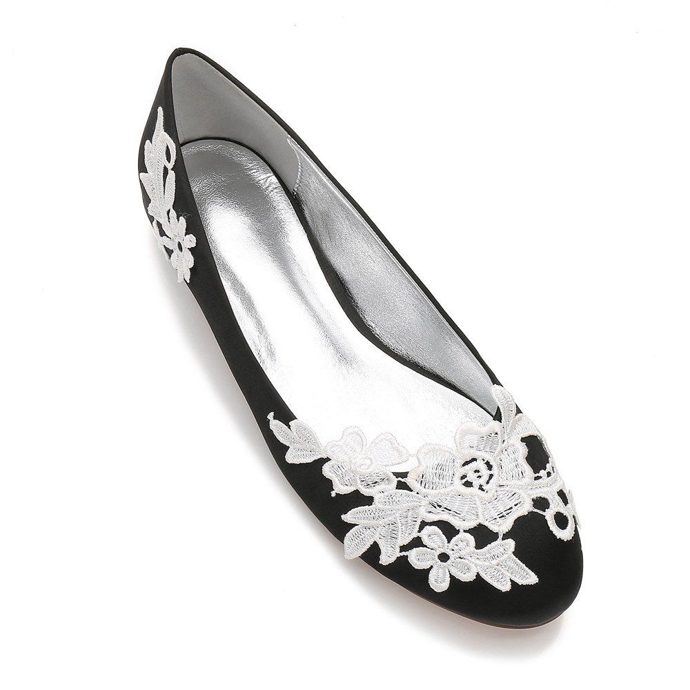 

Women's Wedding Shoes Comfort Ballerina Spring Summer Satin Wedding Dress Party Evening Applique Satin Flower Flat Heel, Black