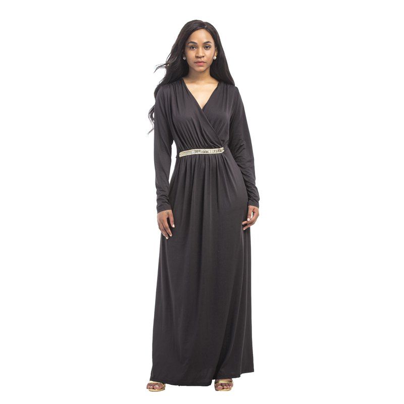 [42% OFF] Women's Maxi Long V Neck Long Sleeve Pleated Dress | Rosegal