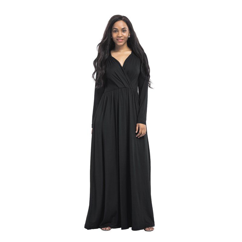 

Women's Maxi Long Dress Square Collar Long Sleeve Solid Color, Black