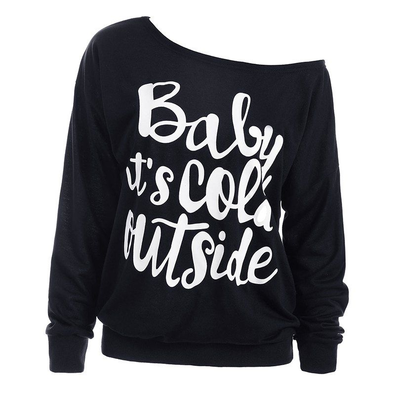 

Women's Sexy Inclined Shoulder Large Size Letters Printed Sweatshirt, Black
