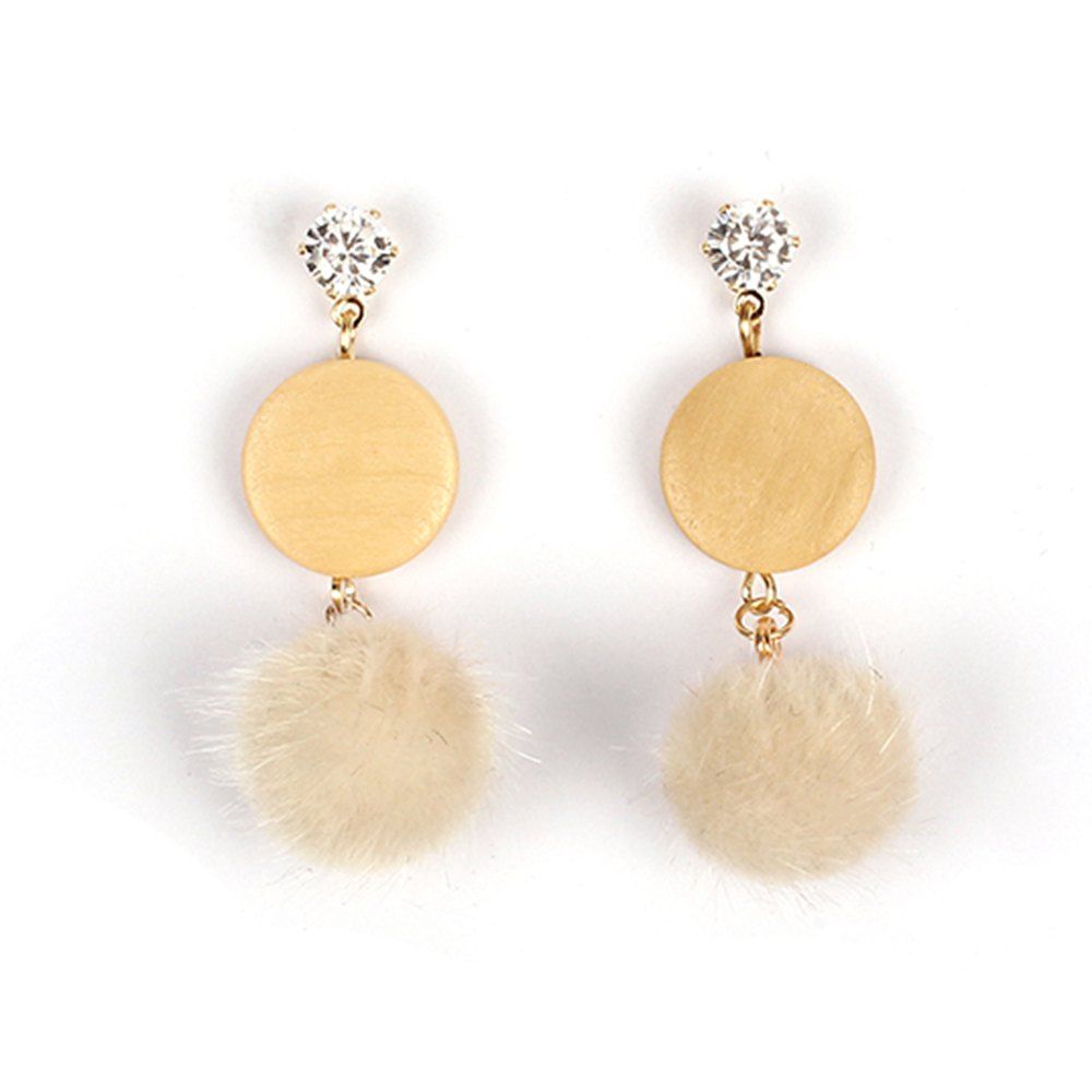 

Sweet and Fresh Jewelry Hair Ball Wood Diamond Plush Velvet Girls Heart Earrings, Beige