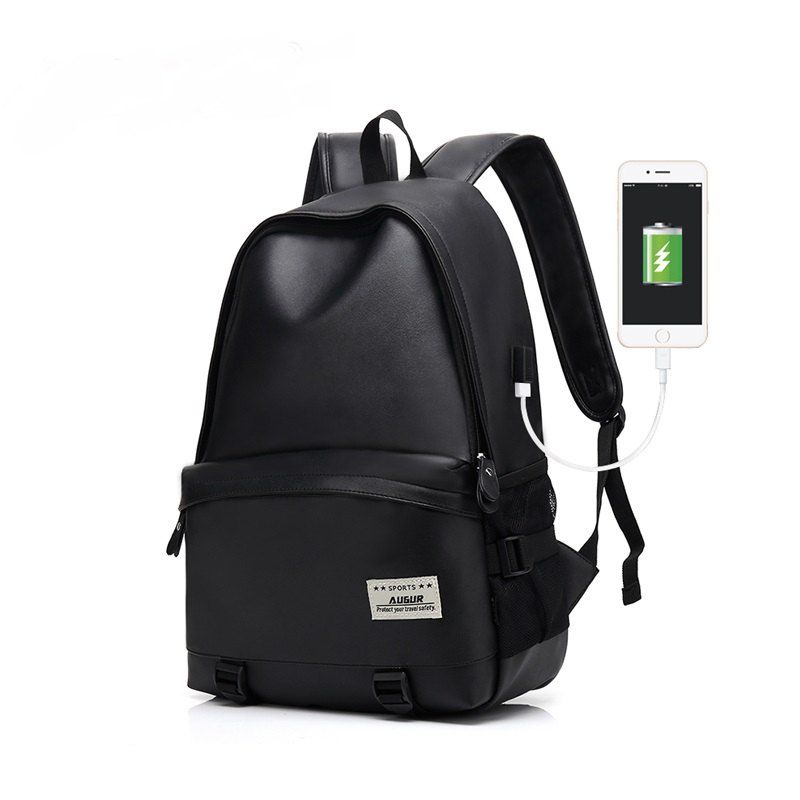 

AUGUR Men Backpacks PU Leather USB Charging Travel Waterproof Laptop Teenager Student School Bag, Black