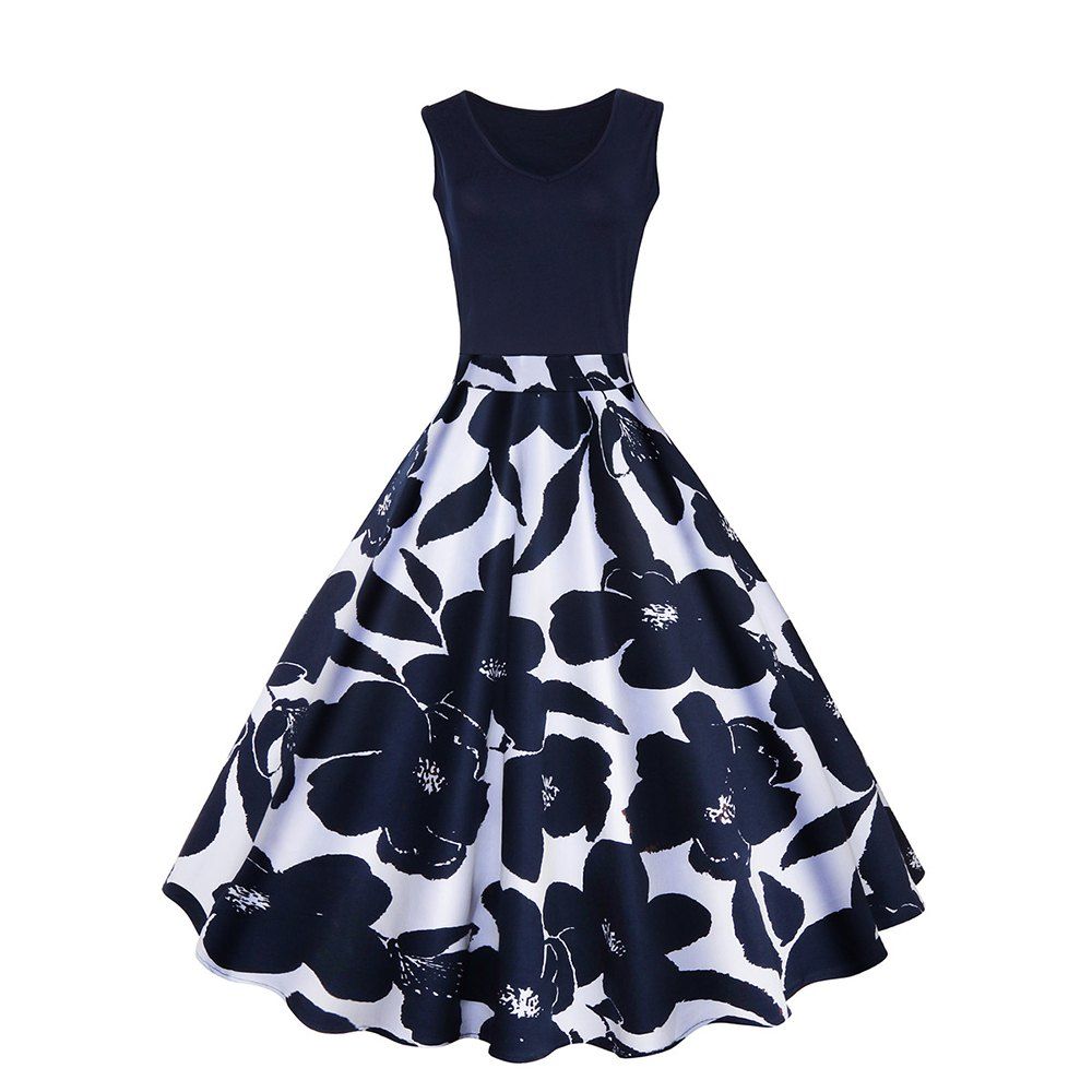 

Women's V-Neck Printing Hepburn Large Size Dress, Cadetblue