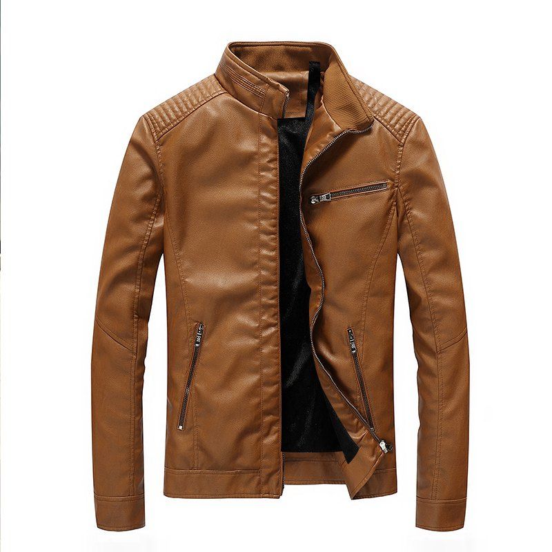 

Thin Cotton Inner Men Autumn Solid Leather Jacket, Brown
