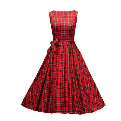 Outfits Women's Vintage Red Checked A-Line Dresses