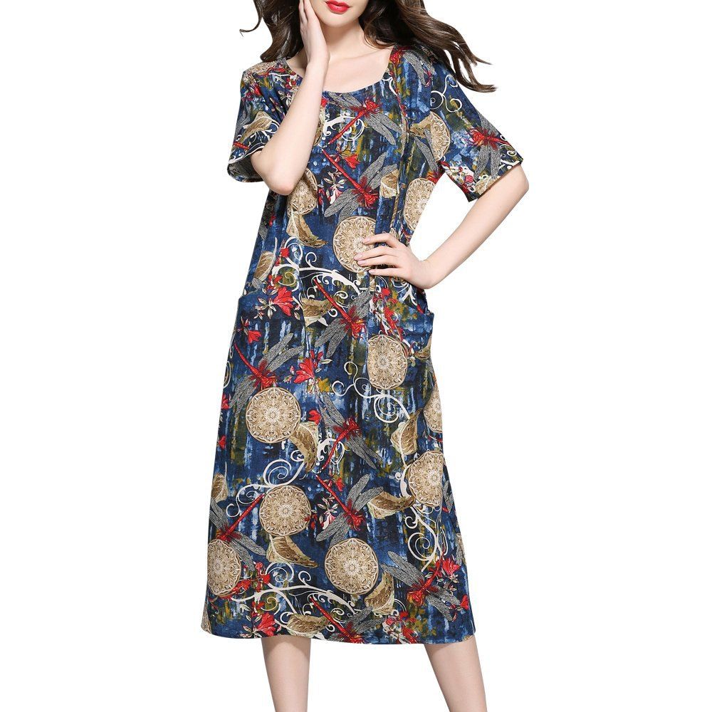 [47% OFF] Bohemian Print Cotton Linen Casual Midi Dress | Rosegal