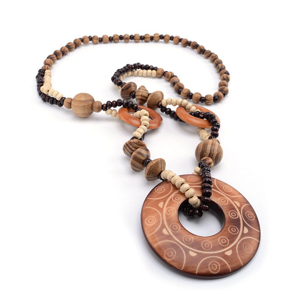[37 OFF] Women Hand Carved Hollow Round Wood Bead Pendant Necklace