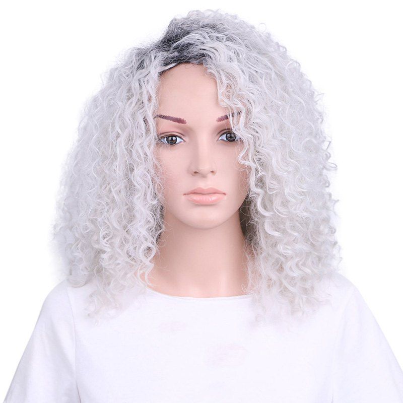 [40 OFF] Ombre Grey Color Medium Length Kinky Curly Synthetic Wig For