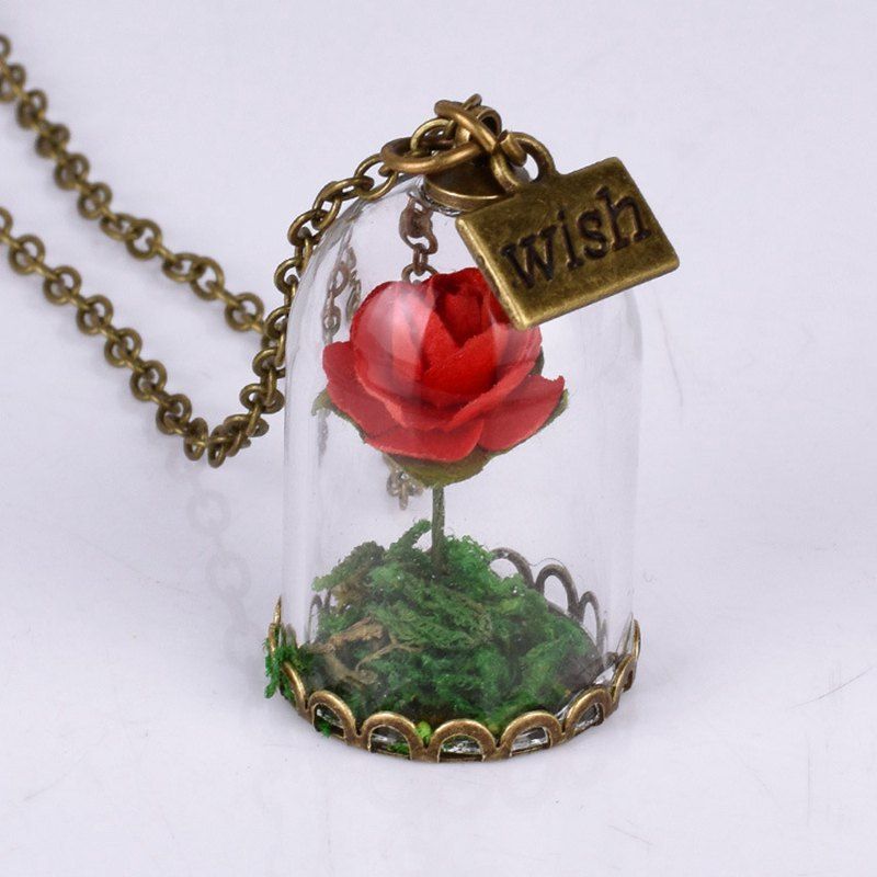 Trendy Women Girl Forever Love Rose Flower Antique Bronze Glass Bottle Necklace Valentine's Day Gift  
