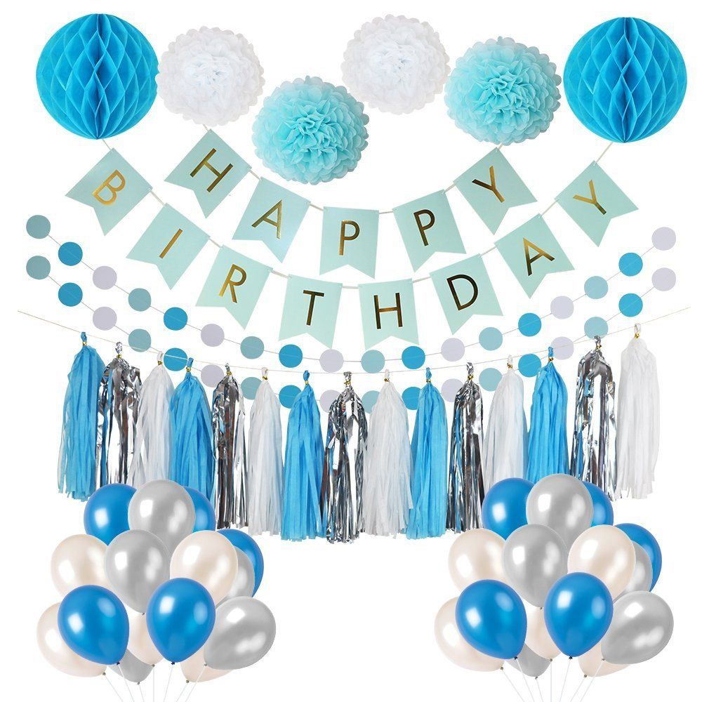 Blanc Bleu Ballons Pom Poms Fleurs Anniversaire Banniere Papier Garland Glands Pour 1st Anniversaire Fille Decorations Enfants En Blue Rosegal Com France