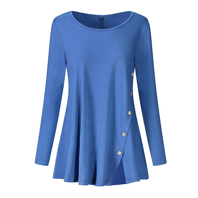 

2018 New Fashion O-neck Full Sleeve Casual Party Button T-Shirt, Blue
