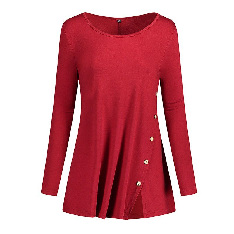 

2018 New Fashion O-neck Full Sleeve Casual Party Button T-Shirt, Wine red