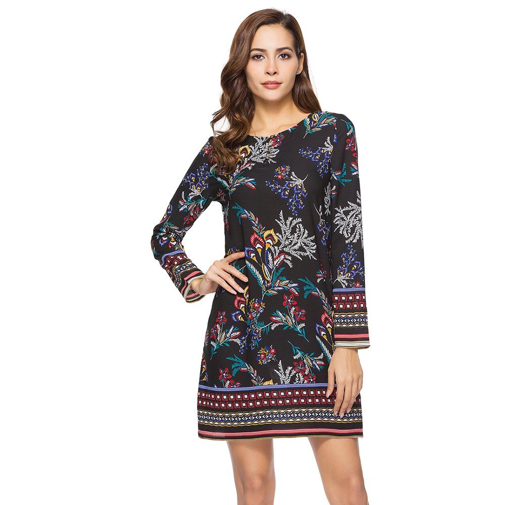 Round Neck Printed Long Sleeve Casual Dresses