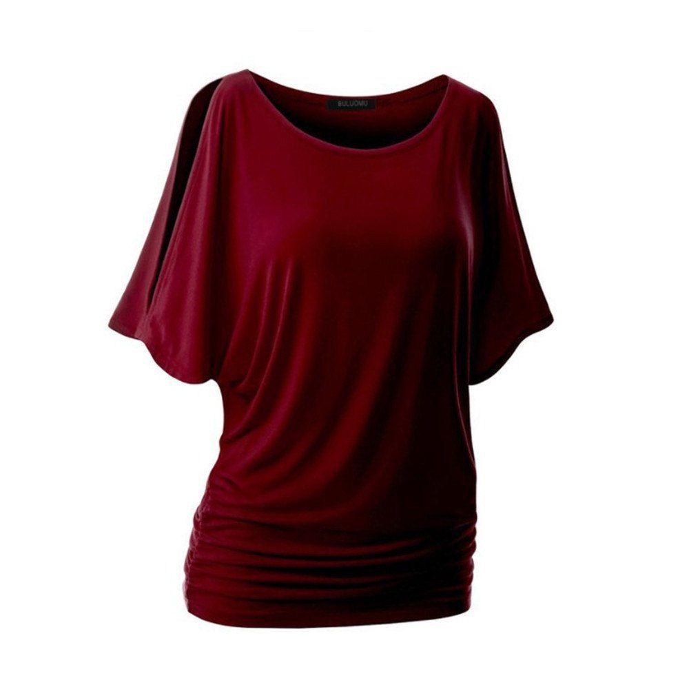 

Strapless Round Neck Short Sleeved T-shirt, Wine red