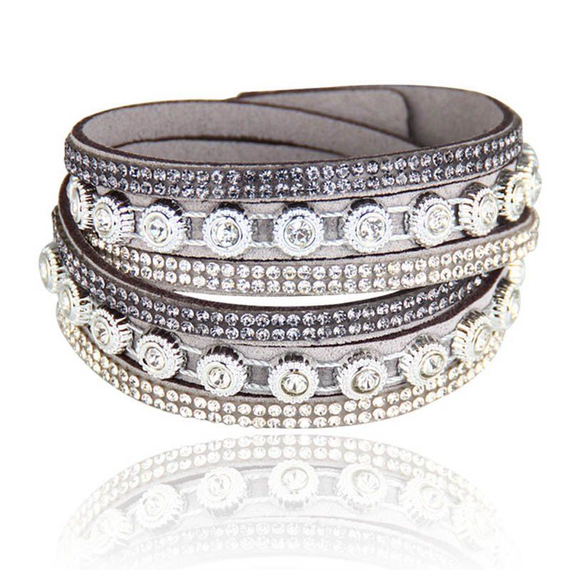 

2017 New Arrival Toggle-Clasps Leather Rhinestone Bracelet Multiple Layers Charm Bracelets for Women, Gray