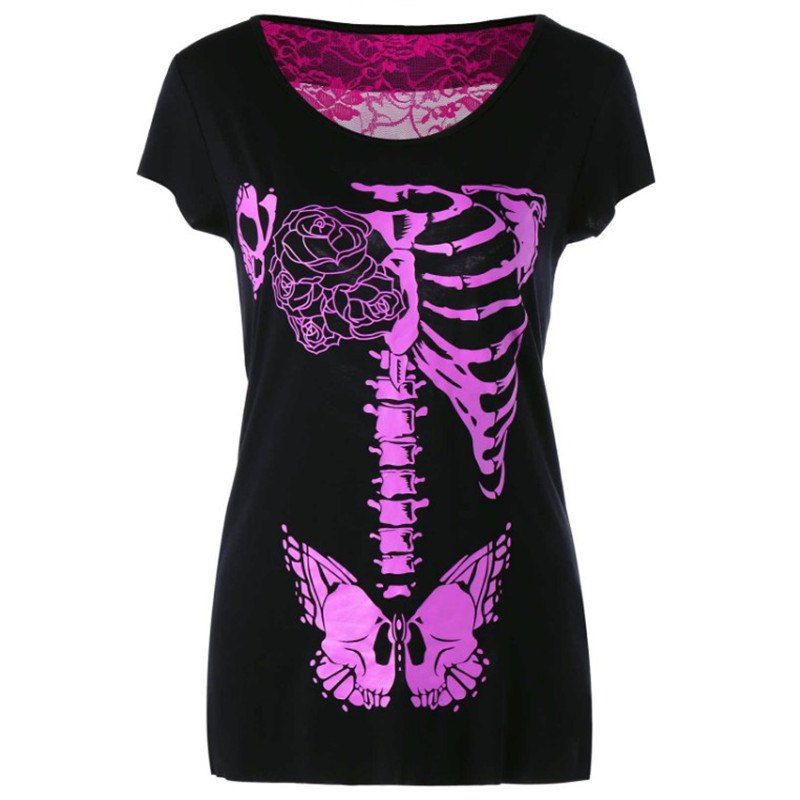 

Rose Skull Print T Shirt, Black
