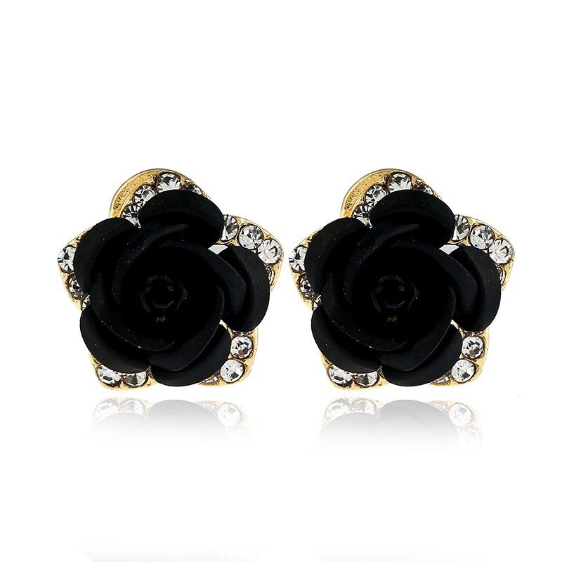 

Fashion Crystal Rose Pierced Stud Earrings Rhinestone Imitation Earrings Trendy Cz Jewelry Gift for Woman, Black