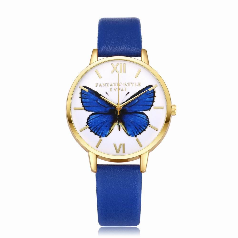 

Lvpai P110-G Women Butterfly Dial Leather Band Quartz Watch Golden Tone Bezel, Royal