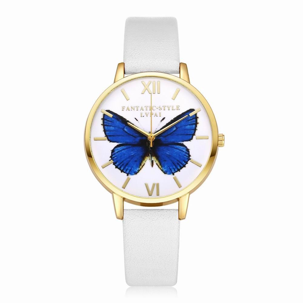 

Lvpai P110-G Women Butterfly Dial Leather Band Quartz Watch Golden Tone Bezel, White