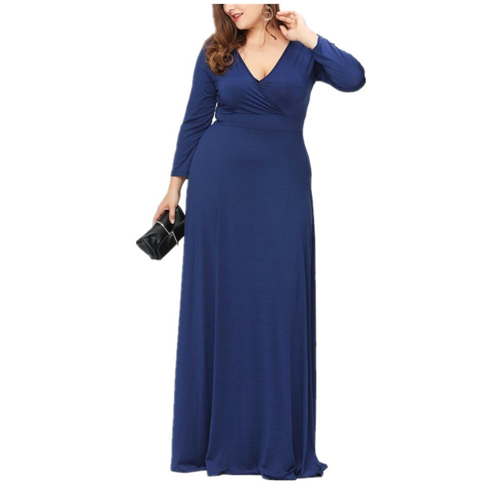 

New Big Size V Collar Long Sleeved Dress, Blue