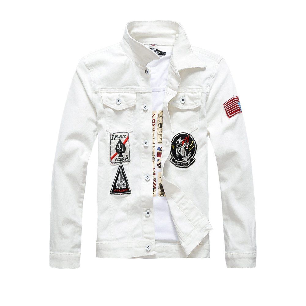 

Men's Fashion Color Block Turn Down Collar Casual Denim Coat, White