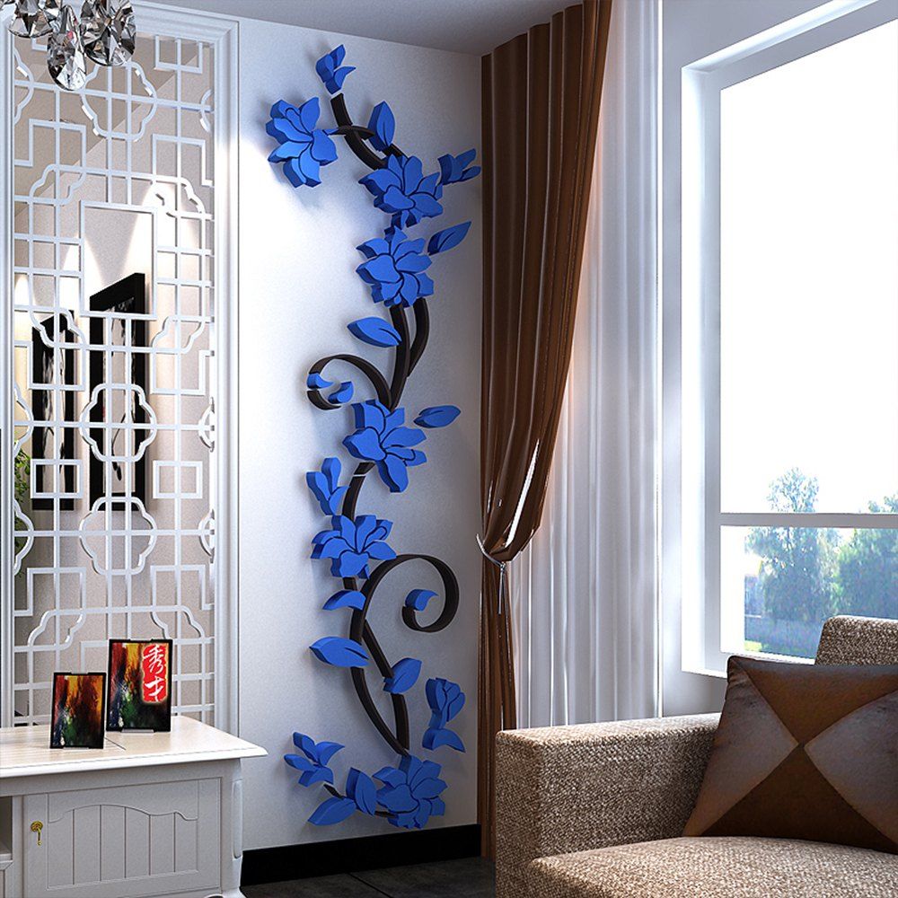 

3D Crystal Three-Dimensional Rose Flower Acrylic Wall Stickers, Blue